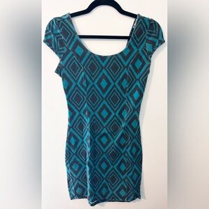 Teal and Black Geometric Bodycon Dress with Open Back Size M